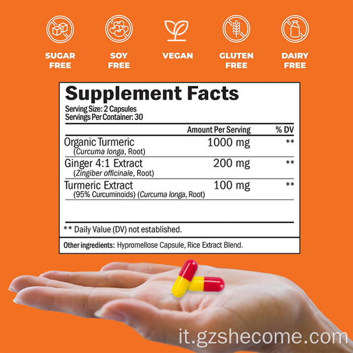 Le capsule di zenzero di curcuma aumentano il supplemento di curcuma cerebrale